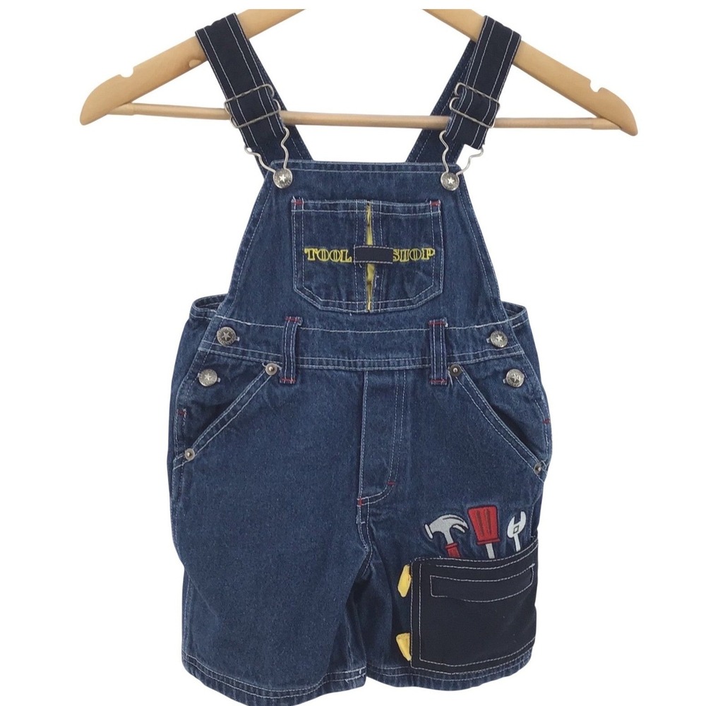 Vintage Kids Headquarters Tool Shop Builder Denim Overalls Shorts 3T Embroidered